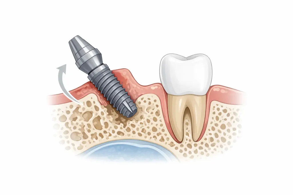 Fallo de implante dental que muestra falta de osteointegración entre el implante y el hueso maxilar con inflamación.