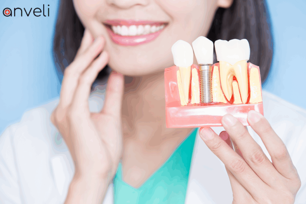 A doctor showing the model of dental implants.