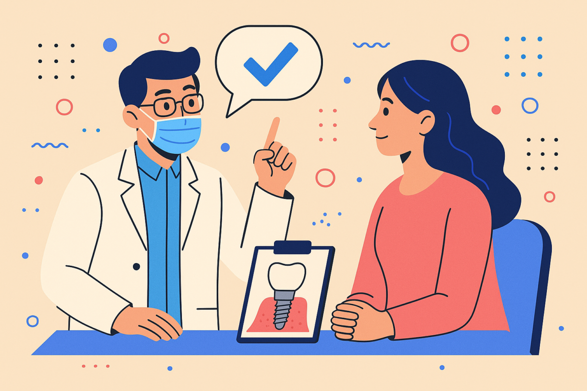 Un dentiste parlant à un patient de l’importance des soins après une chirurgie implantaire